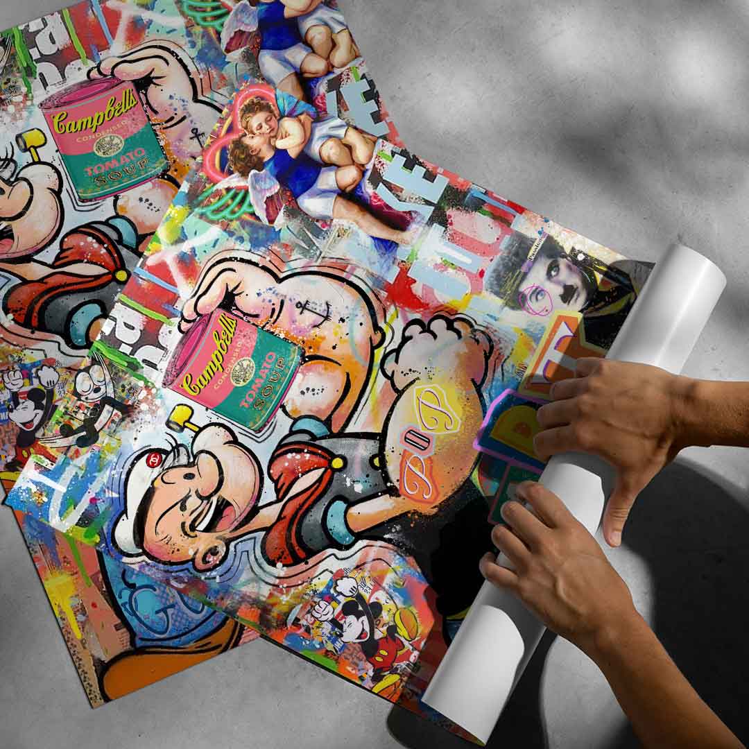 Vibrant fusion of Popeye, vintage cartoons, and food references in modern wall art