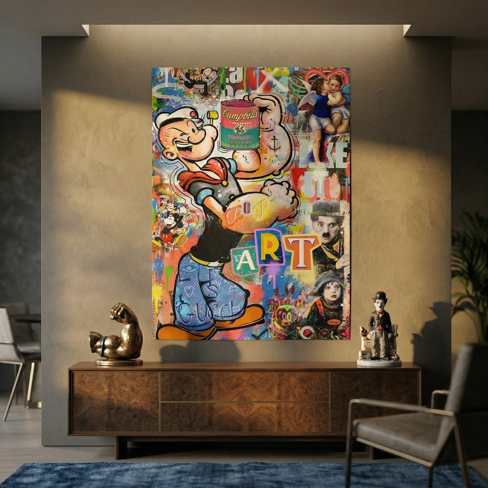 Colorful street-art collage featuring Mickey Mouse and Charlie Chaplin in a vintage pop art style