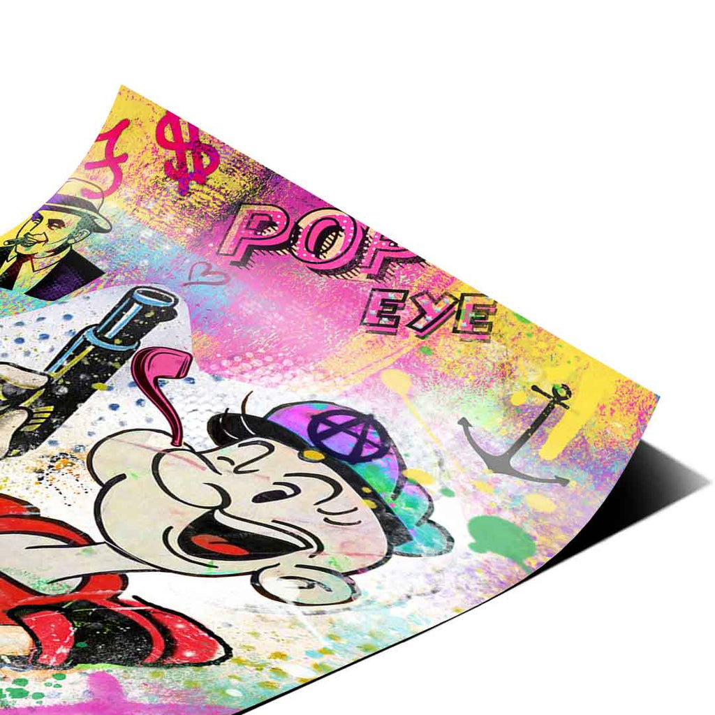 Urban street-art inspired Popeye cartoon wall art with retro vibe.