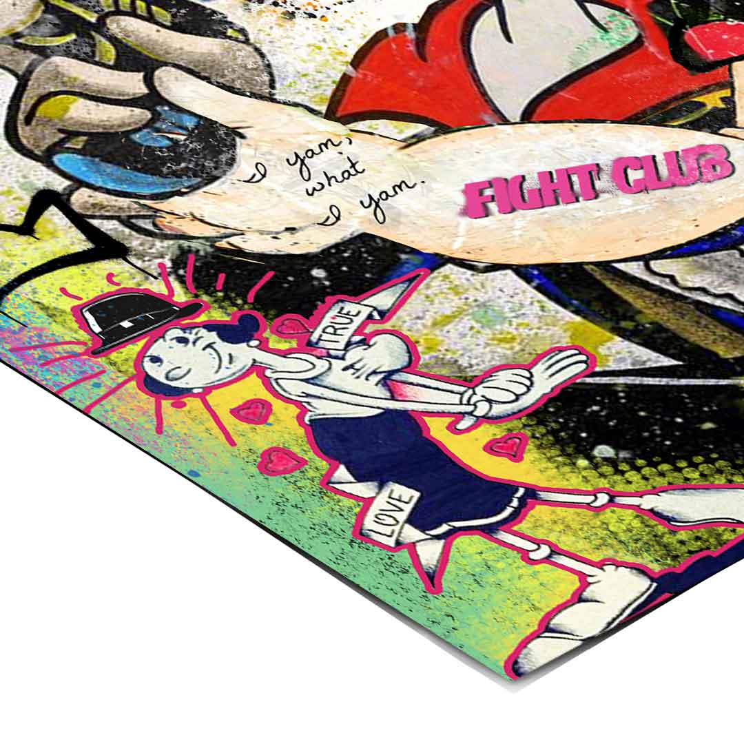 Olive Oyl and Popeye pop art design with crown and anchor motifs in graffiti style.
