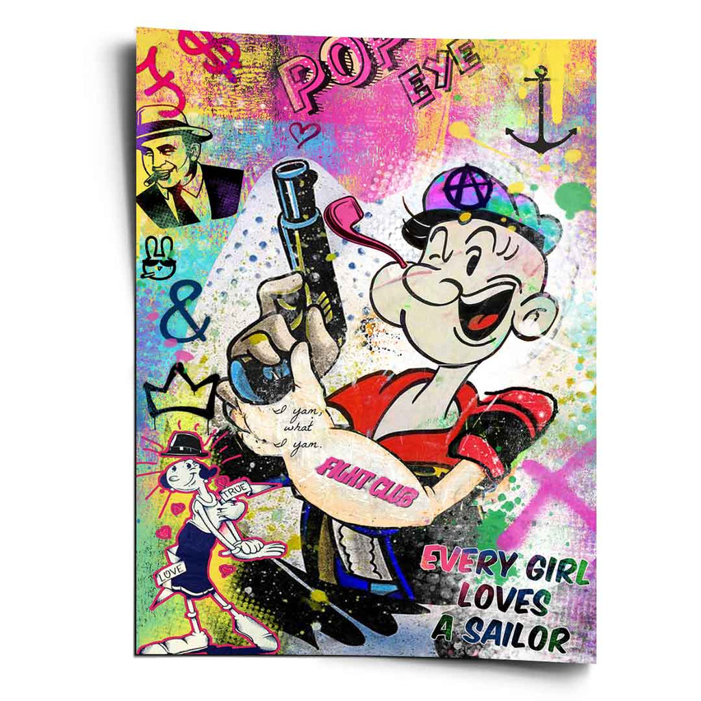 Popeye pop art wall print featuring Popeye with pipe, Olive Oyl, crown, anchor, and bold POPEYE and FIGHT CLUB text in neon colors.