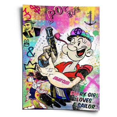 Popeye pop art wall print featuring Popeye with pipe, Olive Oyl, crown, anchor, and bold POPEYE and FIGHT CLUB text in neon colors.