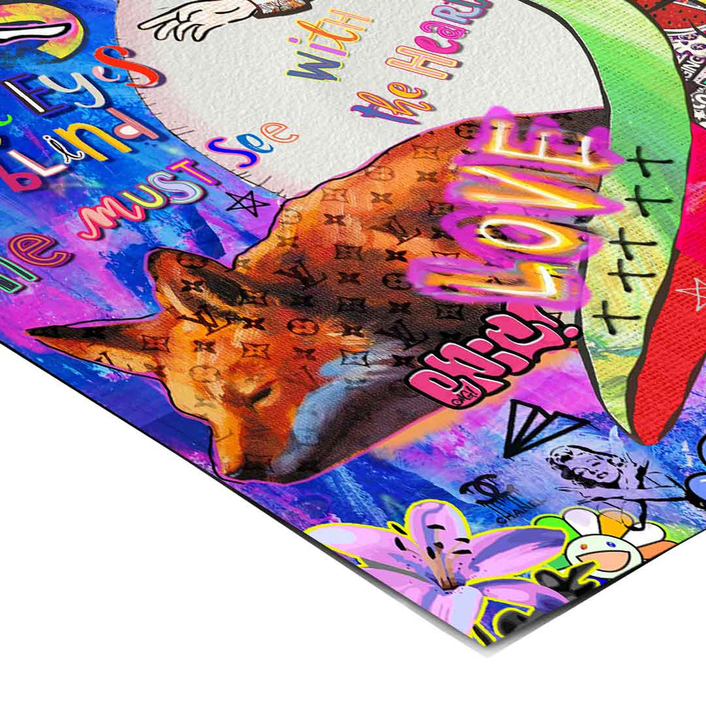 Graffiti text elements in bold colors including Superman Legend and a heart-centered quote amid colorful artwork.