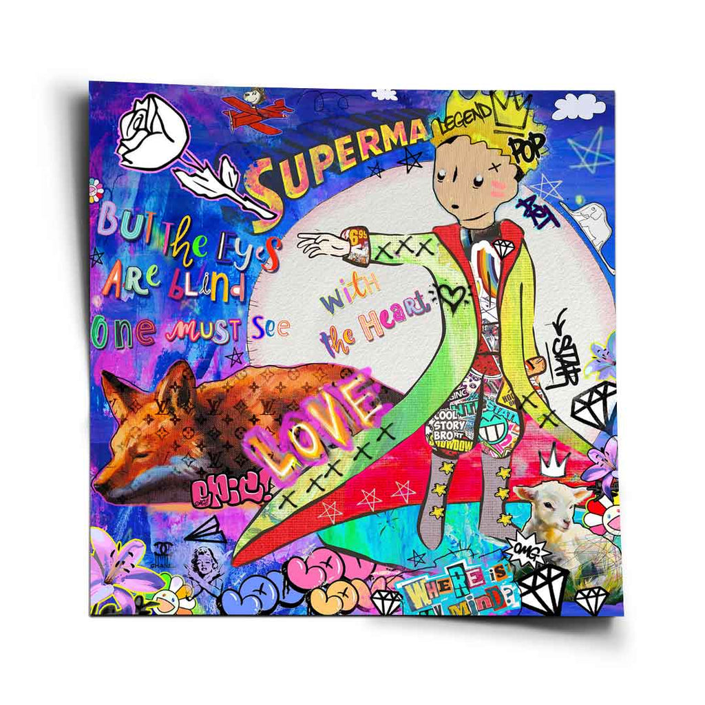 Vibrant Pop Art Graffiti poster featuring a Little Prince-inspired figure with crown and colorful coat, a LV-pattern fox, a white rose, a lamb, and an airplane with bold graffiti text.