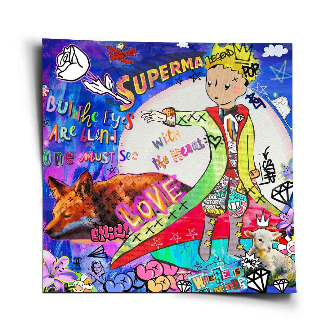 Vibrant Pop Art Graffiti poster featuring a Little Prince-inspired figure with crown and colorful coat, a LV-pattern fox, a white rose, a lamb, and an airplane with bold graffiti text.