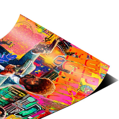 Cartoon elements like Elmo and KAWS layered into the urban pop art design.