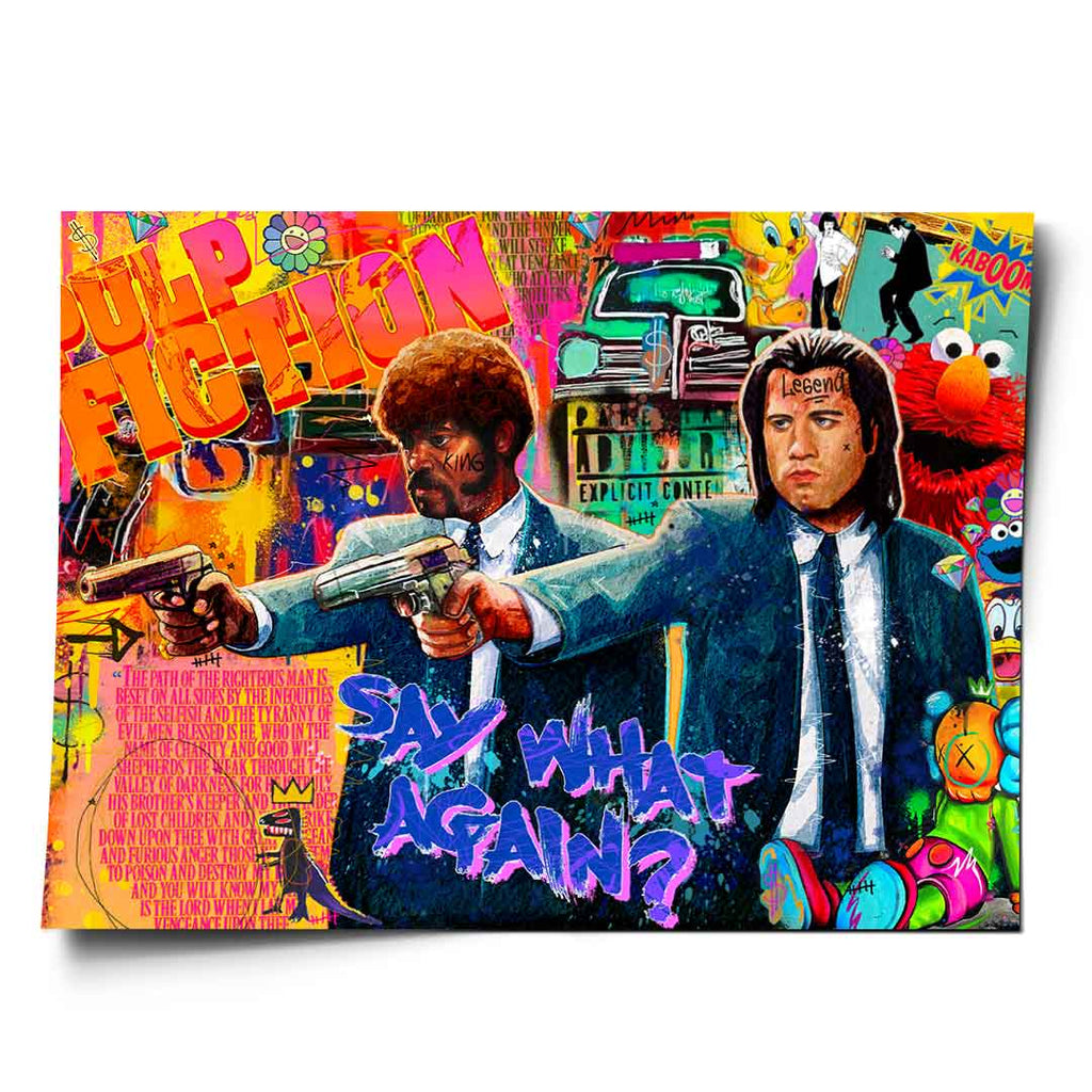 Vibrant pop art poster featuring Pulp Fiction characters Jules and Vincent in a graffiti-inspired street art style with neon pink, electric blue, and yellow.