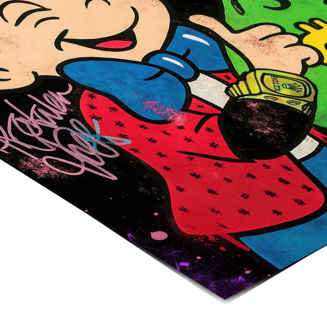 Richie Rich wearing a Rolex in a street art inspired wall art print for modern living spaces
