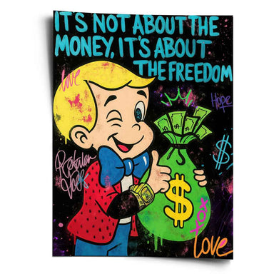 Richie Rich pop art poster featuring a winking comic character, money bag, and neon graffiti background