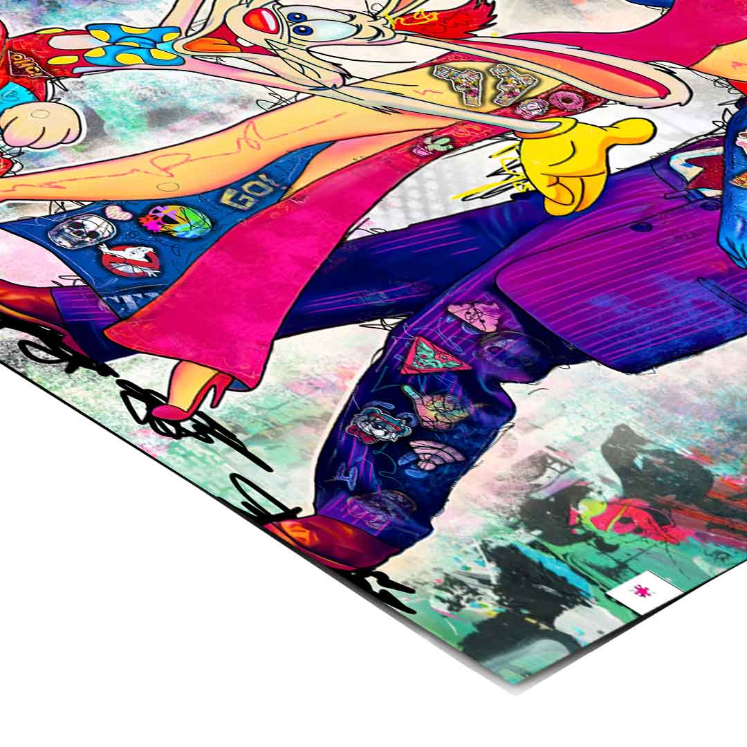 Neon yellow, pink, purple, and blue color blocks creating abstract patterns in the artwork