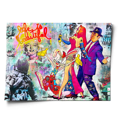 Roger Rabbit and Jessica Rabbit pop art characters with spray paint in neon graffiti backdrop