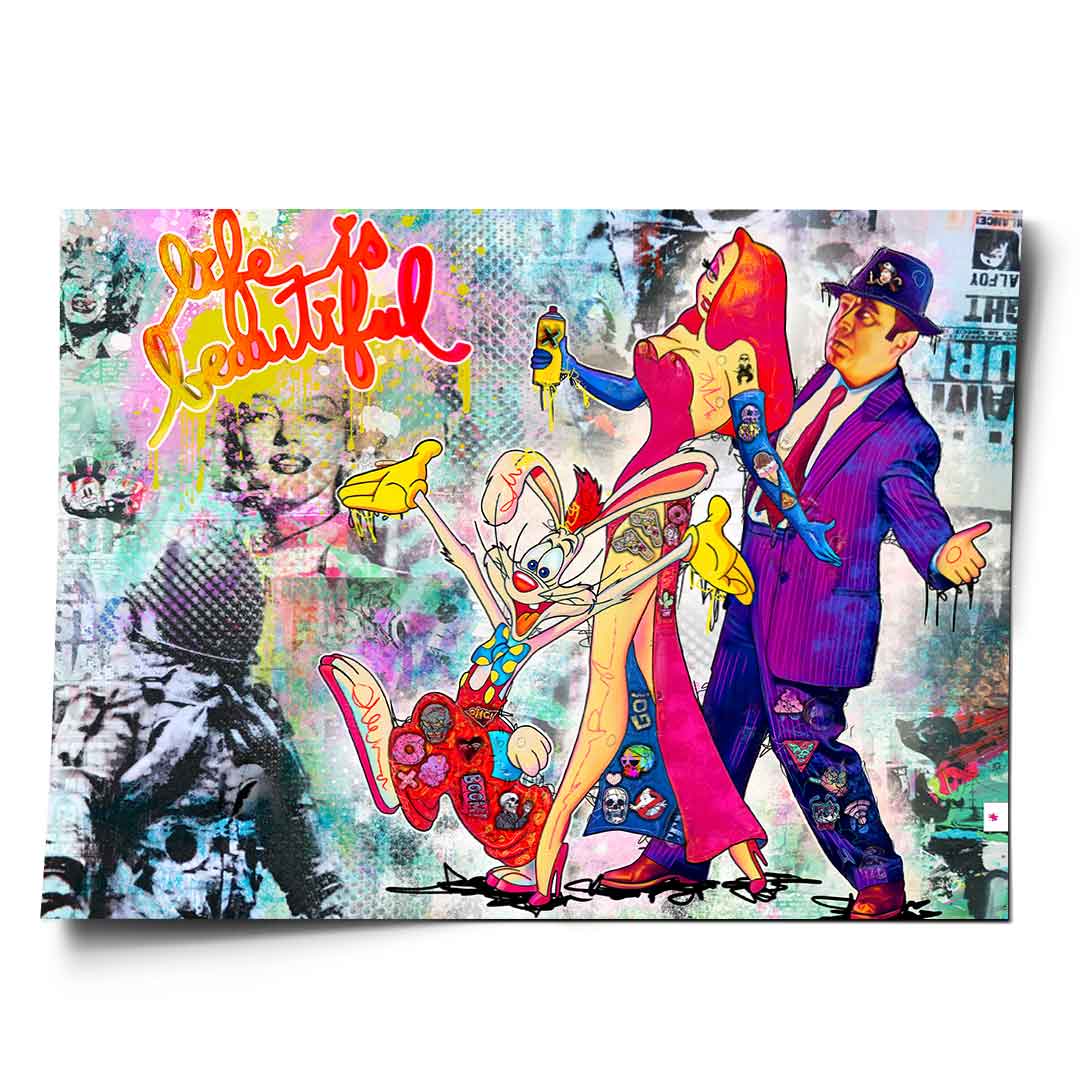 Roger Rabbit and Jessica Rabbit pop art characters with spray paint in neon graffiti backdrop