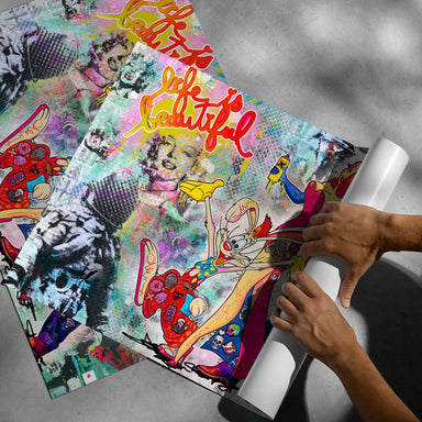 Overall retro pop art wall print blending 80s movie nostalgia with contemporary street art