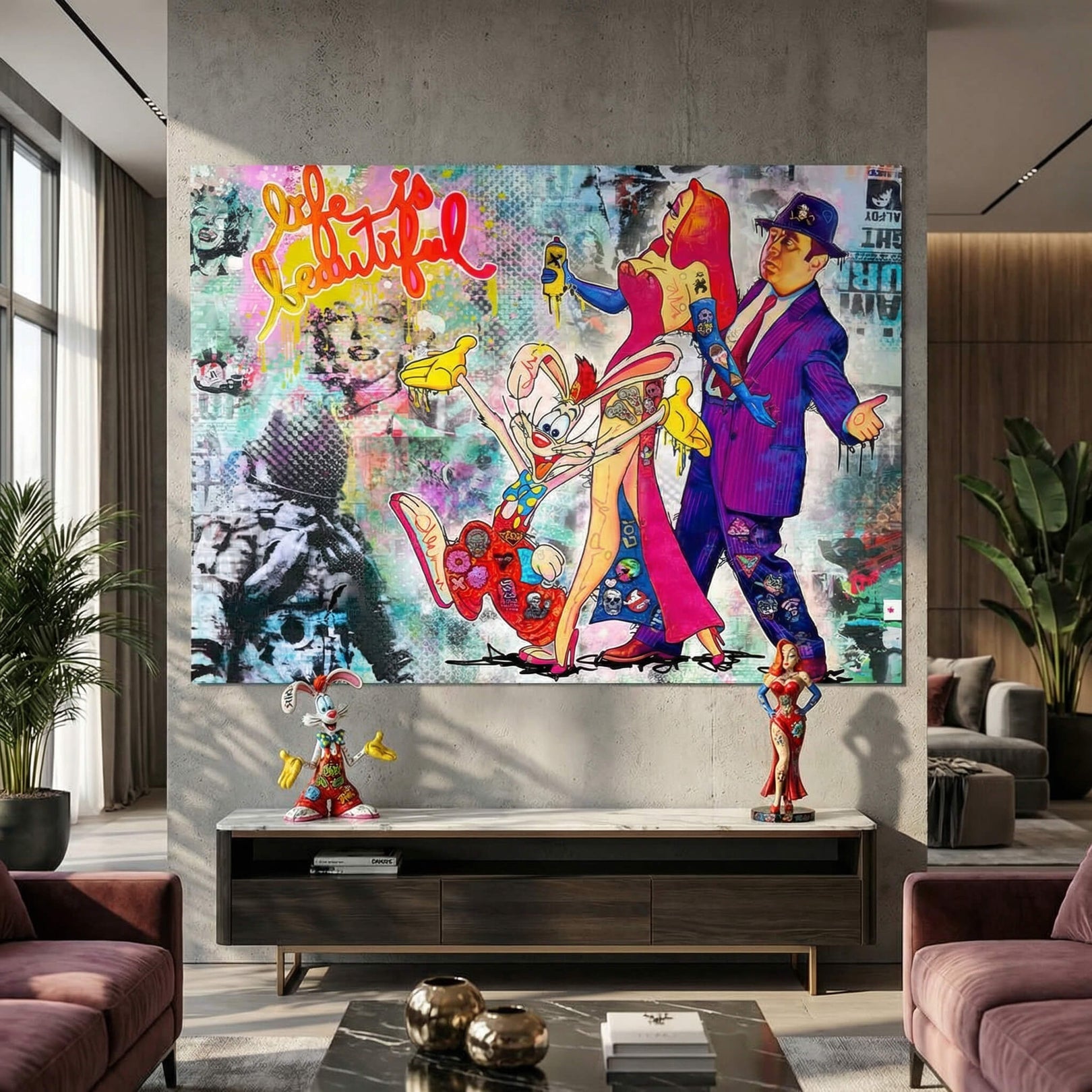 Purple-suited detective figure amid retro collage and Marilyn Monroe portrait in colorful art