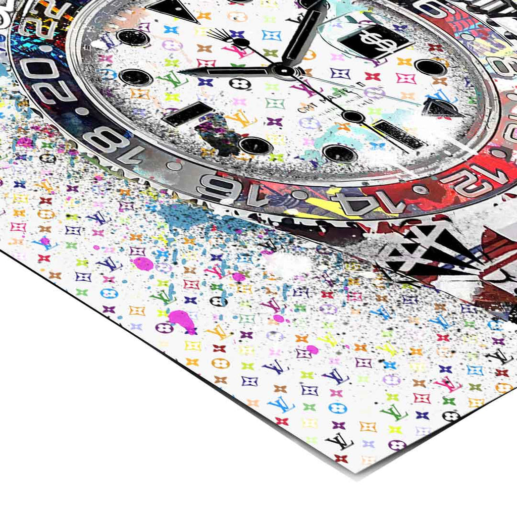 Luxurious street-art blend: Rolex watch, spray paint splatters, and LV pattern in a modern pop art print.