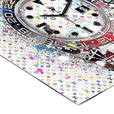 Luxurious street-art blend: Rolex watch, spray paint splatters, and LV pattern in a modern pop art print.