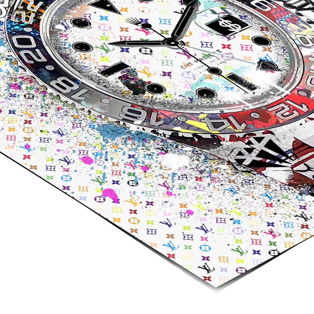 Luxurious street-art blend: Rolex watch, spray paint splatters, and LV pattern in a modern pop art print.