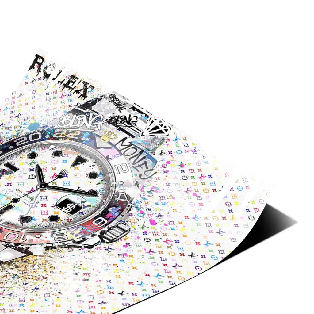 Urban fashion wall art with a flashy Rolex watch, rainbow hues, and graffiti lettering on white.