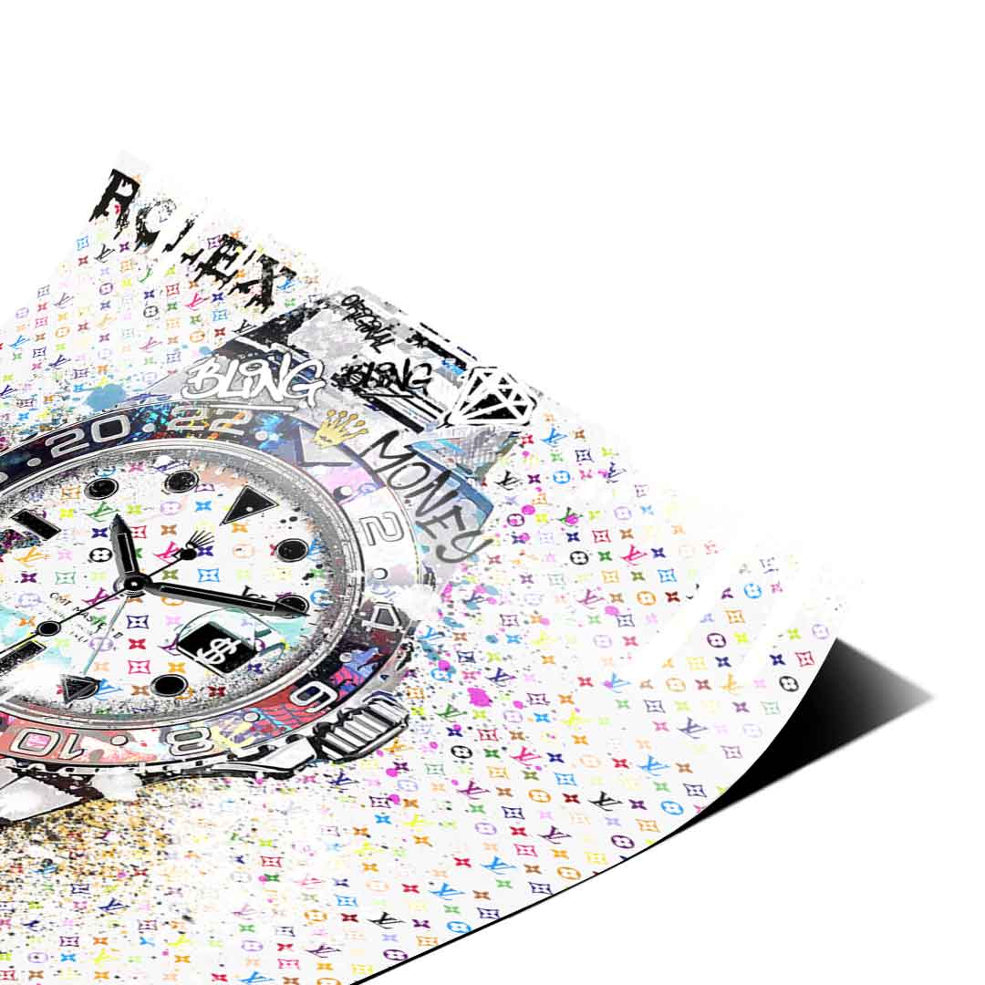 Urban fashion wall art with a flashy Rolex watch, rainbow hues, and graffiti lettering on white.