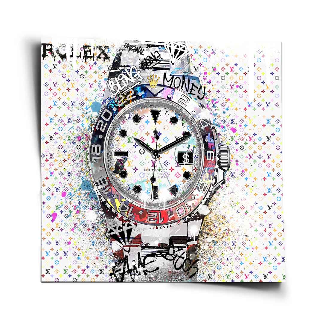 Square-format poster of a Rolex GMT-Master II in bold pop art style with graffiti tags and Louis Vuitton monogram background.