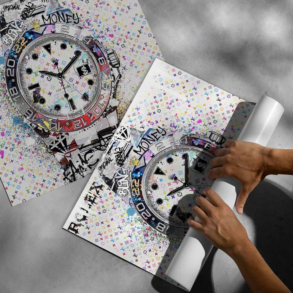 Contemporary pop art poster of a Rolex watch with monogrammed background and bold street-art typography.