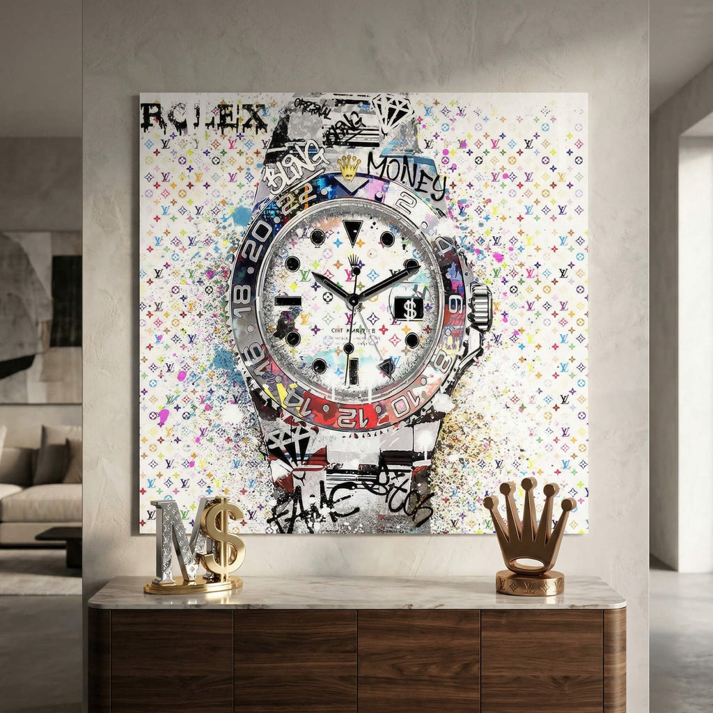 Colorful graffiti-inspired watch wall art featuring ROLEX, BLING, MONEY on a white backdrop.