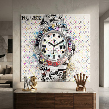 Colorful graffiti-inspired watch wall art featuring ROLEX, BLING, MONEY on a white backdrop.
