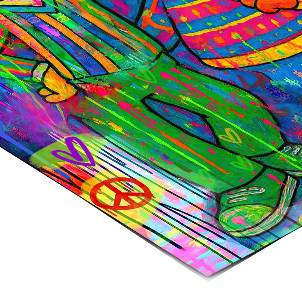 Colorful abstract comic art style wall print with pink, blue, green, and yellow tones.