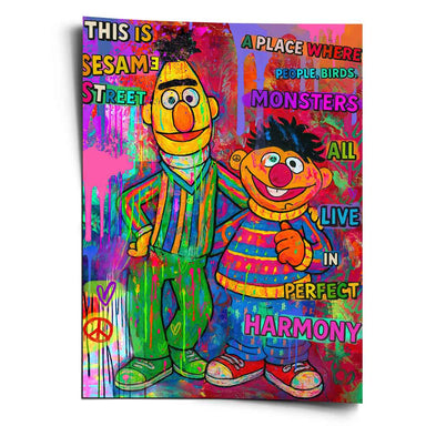 Vibrant pop art portrait of Bert and Ernie from Sesame Street with graffiti text and neon colors.