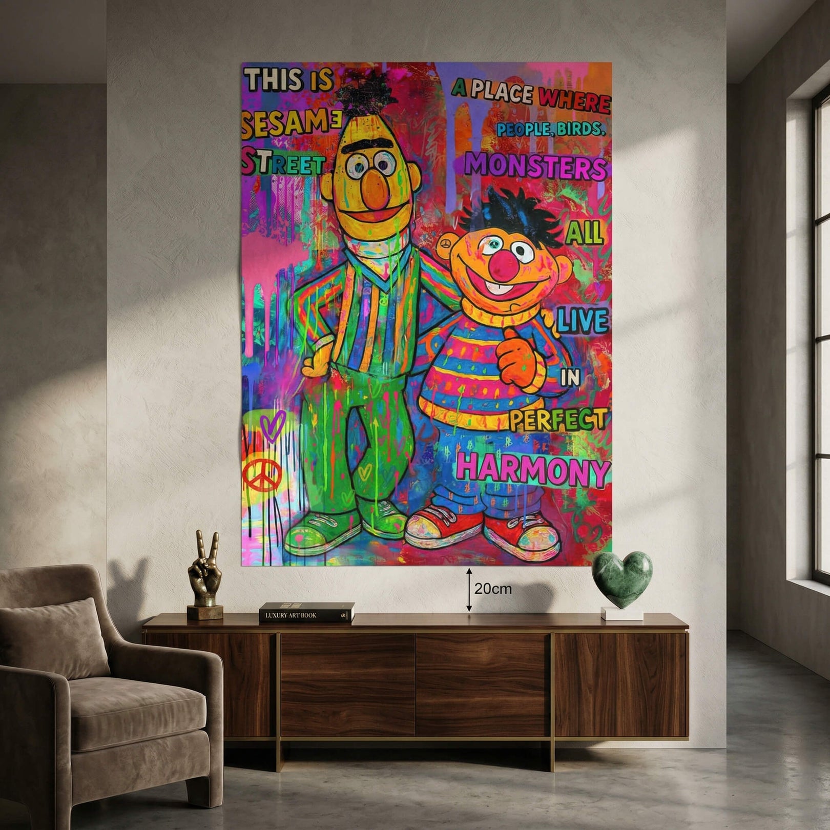Bold street-art inspired design featuring Bert and Ernie with paint drips and bright splashes.