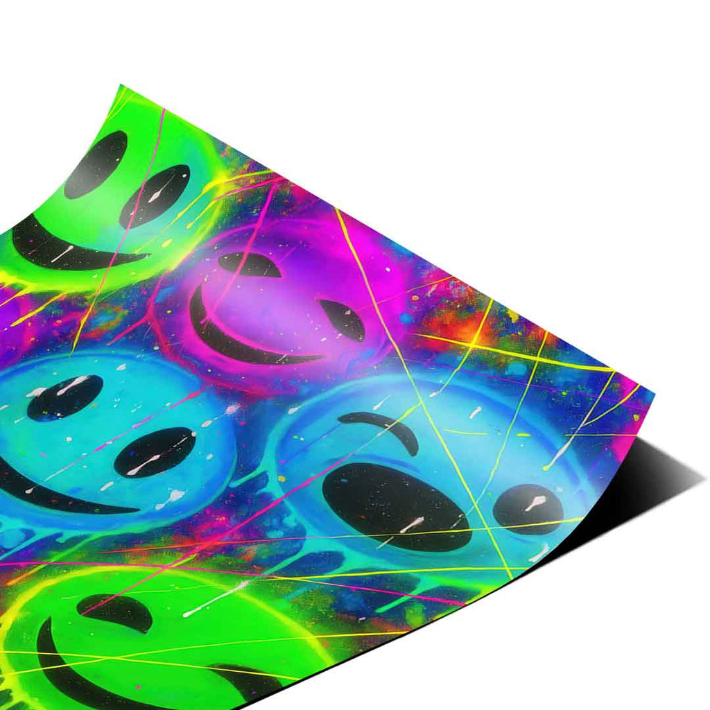 Bright greens, purples, blues and pinks with black contour lines