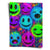 Neon smiley faces in bold Pop Art style on a dark splatter background