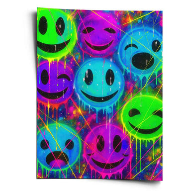 Neon smiley faces in bold Pop Art style on a dark splatter background