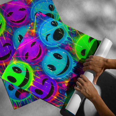 Cosmic-splatter backdrop behind expressive smiley collage