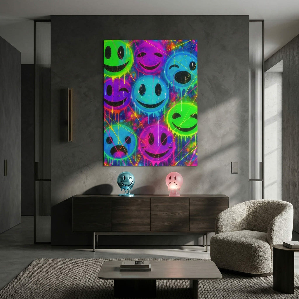 Colorful smiley icons with graffiti-inspired outlines in neon colors