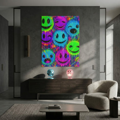 Colorful smiley icons with graffiti-inspired outlines in neon colors