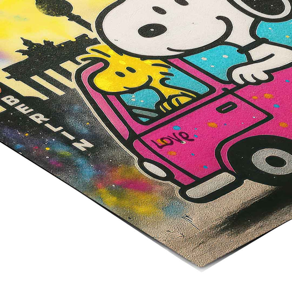 Bright graffiti-splashed sky in pink, yellow, and blue with bold outlines around cartoon characters.