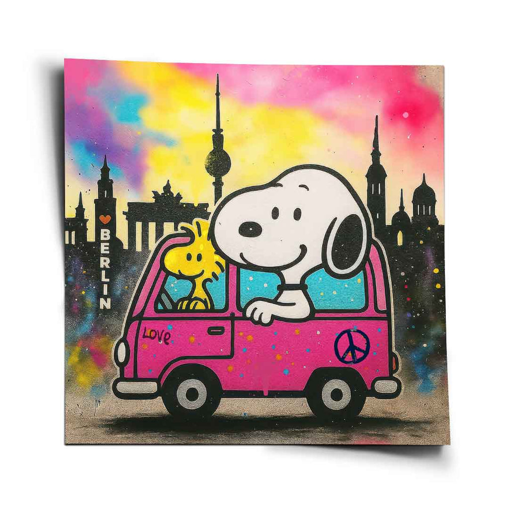 Snoopy and Woodstock ride a sparkling pink van through a neon Berlin skyline featuring the Brandenburg Gate and TV Tower in bold pop art style.