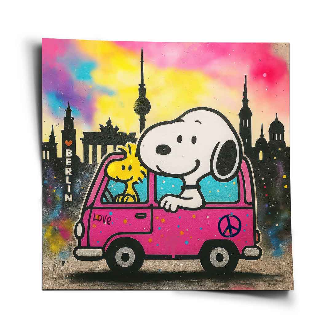 Snoopy and Woodstock ride a sparkling pink van through a neon Berlin skyline featuring the Brandenburg Gate and TV Tower in bold pop art style.