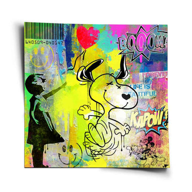 Snoopy holding a red heart balloon in a neon pop art style with bold black outlines and a Banksy-inspired stencil girl.