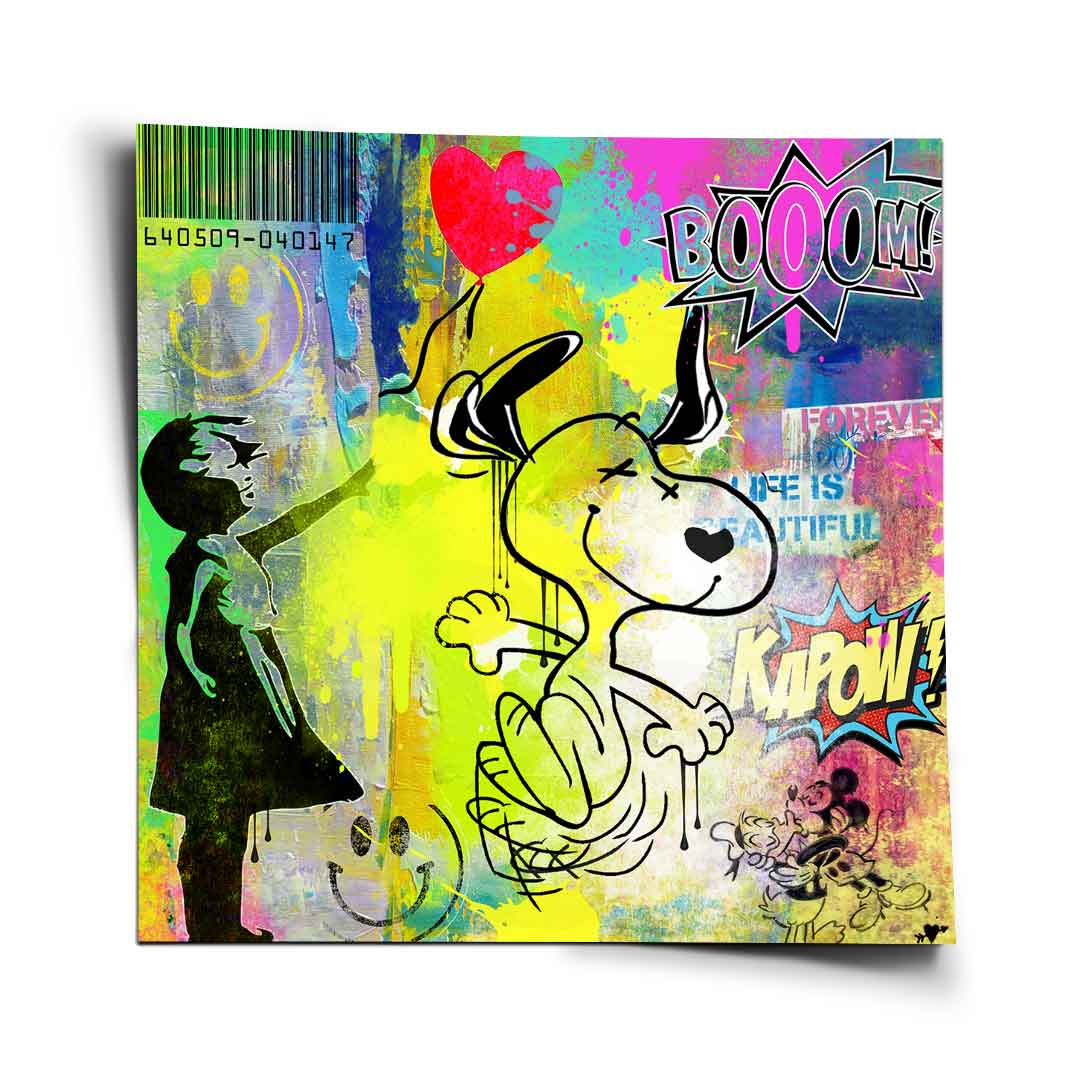 Snoopy holding a red heart balloon in a neon pop art style with bold black outlines and a Banksy-inspired stencil girl.
