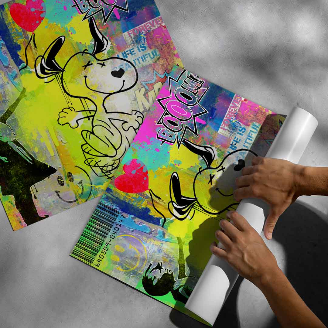 Dynamic focal wall art suitable for eclectic spaces with urban and pop art influences.