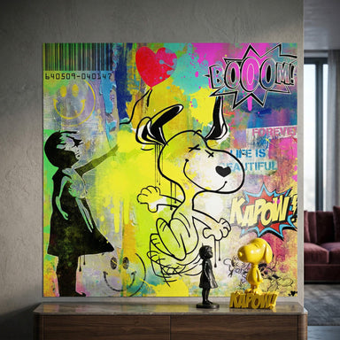Vibrant graffiti-inspired wall art featuring comic book sound effects BOOOOM and KAPOW, with a barcode and distressed textures.