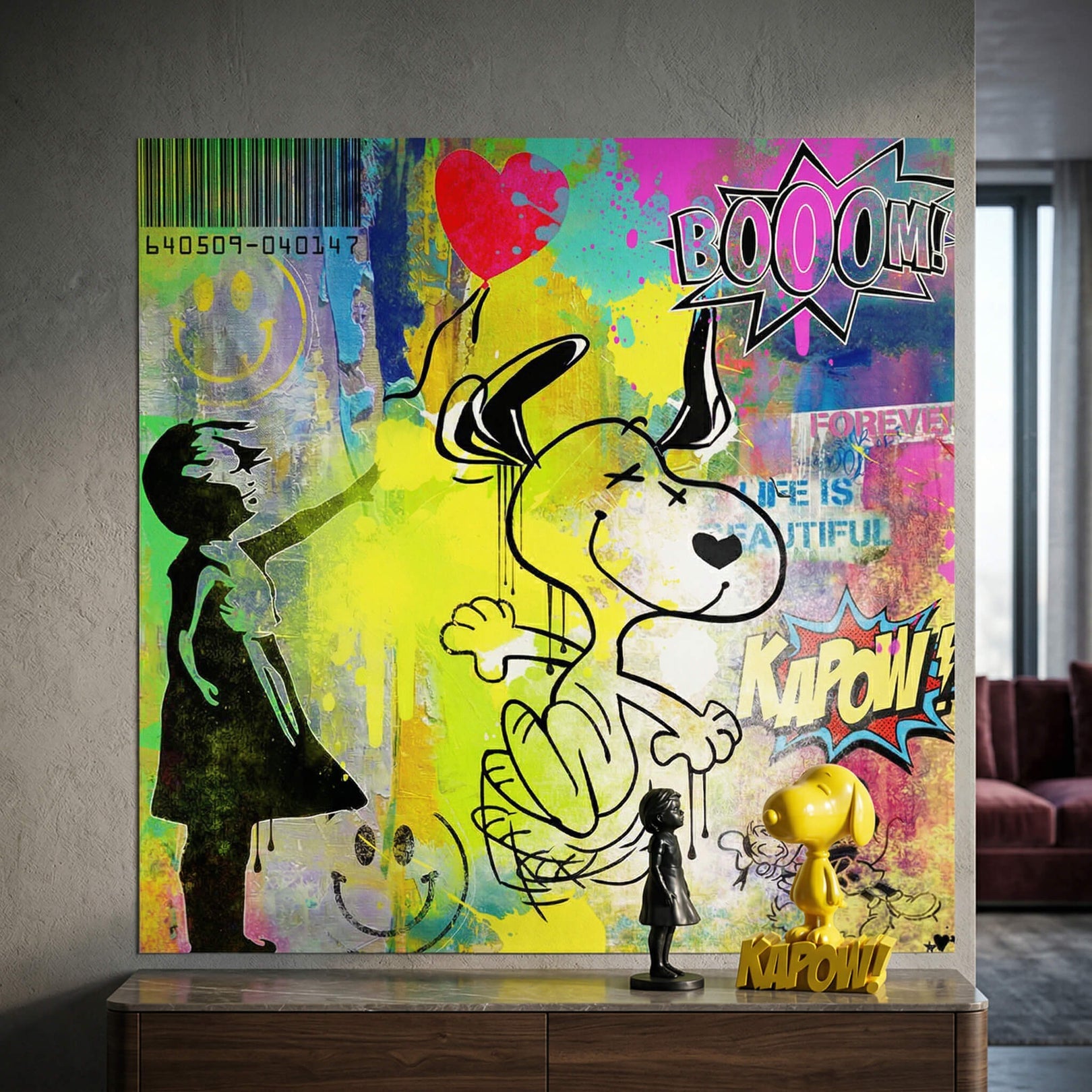 Vibrant graffiti-inspired wall art featuring comic book sound effects BOOOOM and KAPOW, with a barcode and distressed textures.