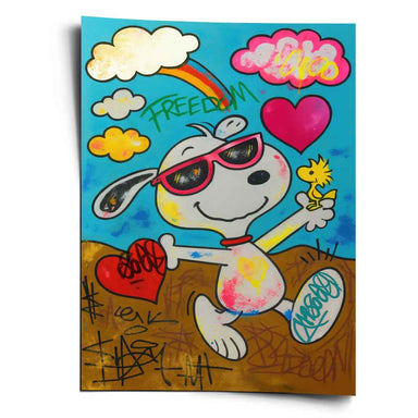 Snoopy wearing neon pink sunglasses walks with Woodstock in a vibrant pop art graffiti mural.