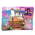 Snoopy and Woodstock on a towering hamburger in bold pop art style