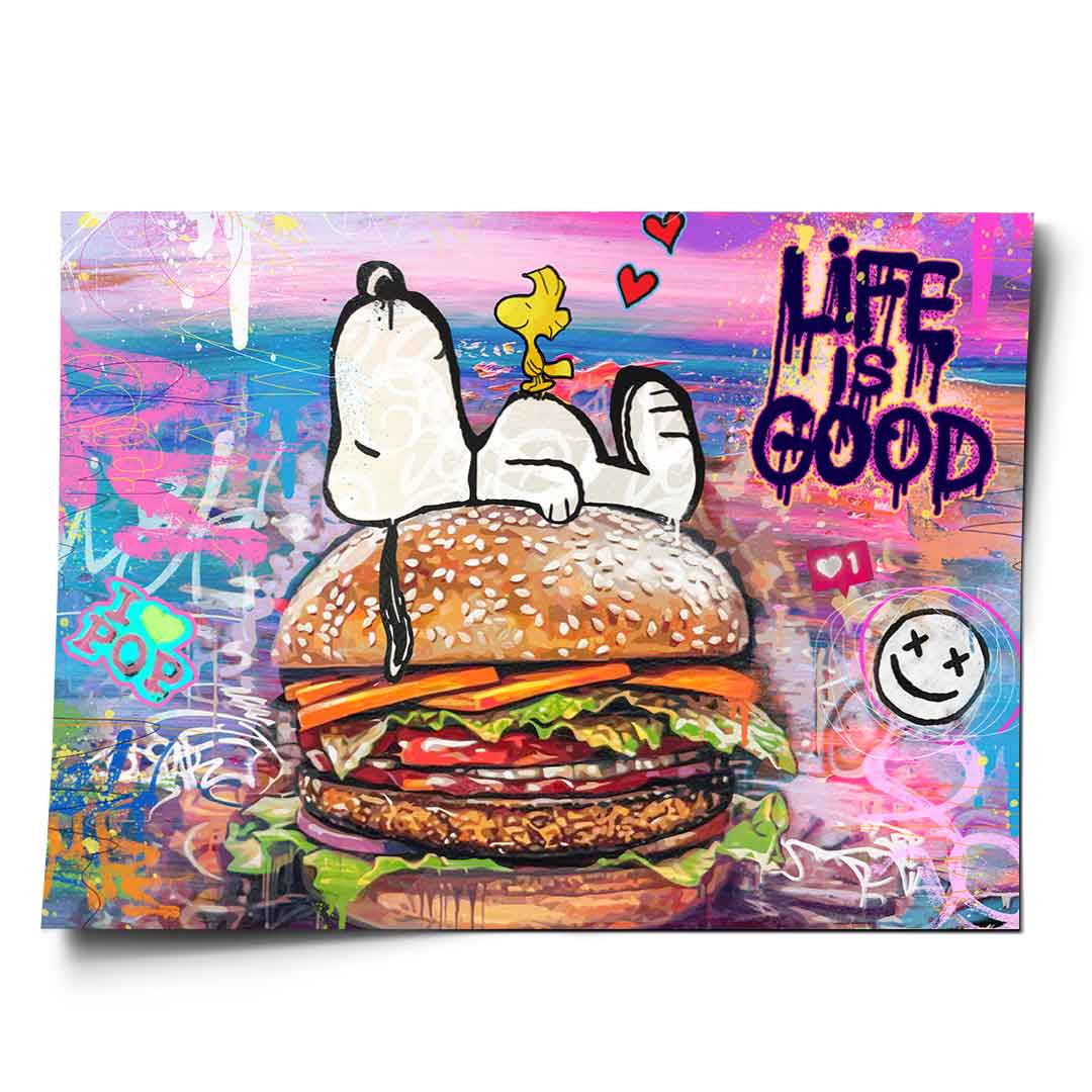 Snoopy and Woodstock on a towering hamburger in bold pop art style