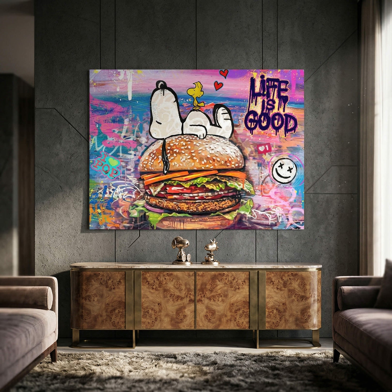 Bright graffiti background with pinks, purples, and blues and cartoon outlines