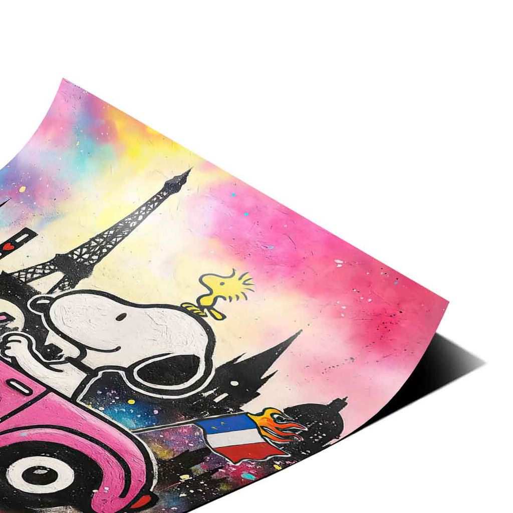 Woodstock on Snoopy's head with a rainbow sky and Eiffel Tower silhouette