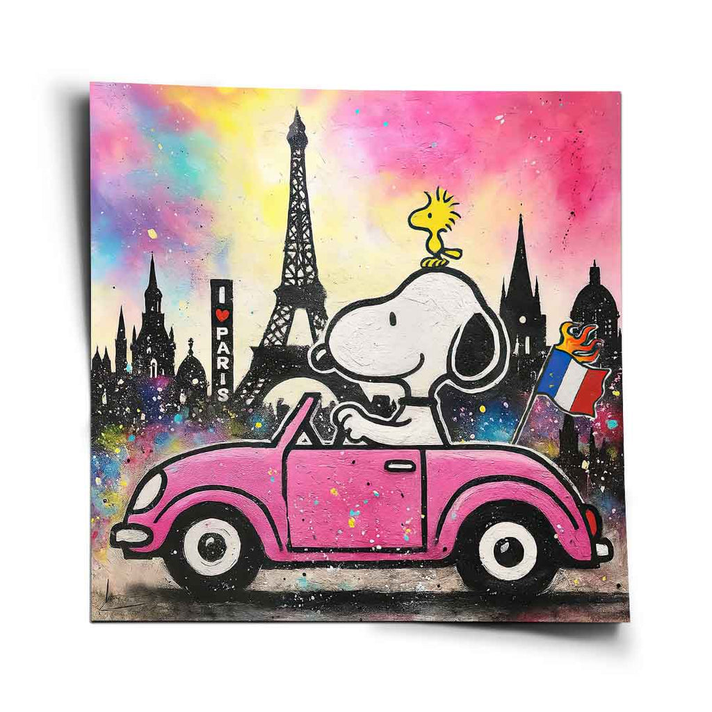 Pop art wall art featuring Snoopy driving a pink convertible through graffiti Paris